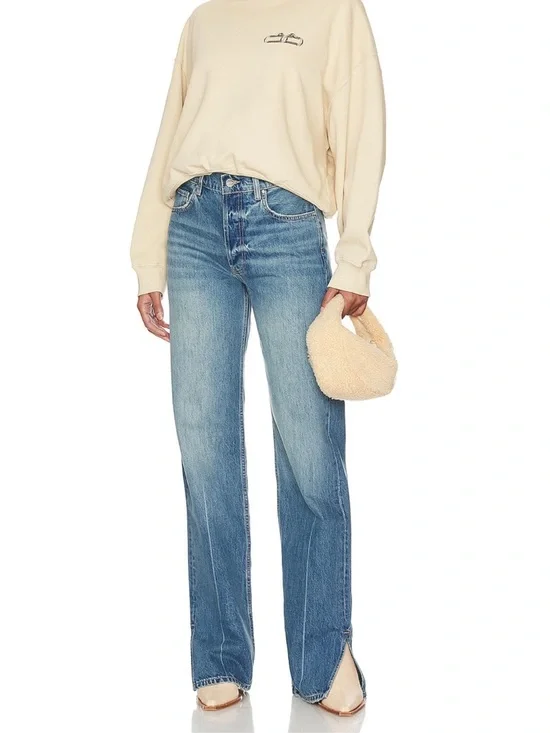 Anine Bing Organic Cotton Roy Jeans Size 24 Nordic Blue Split Hem Button Fly - Picture 4 of 8